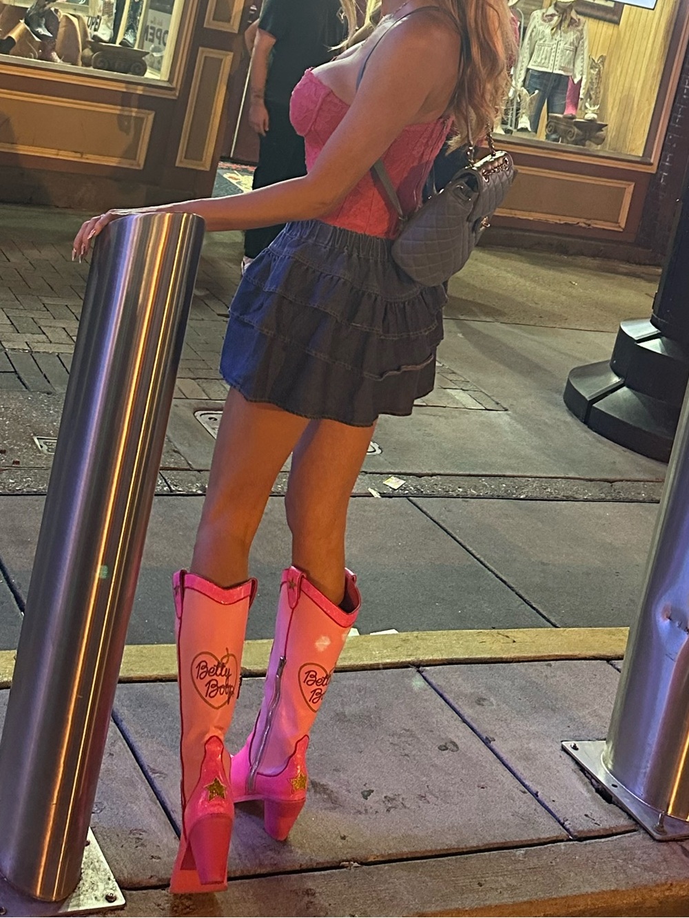 Betty Boop Pink Glitter Western Knee Boots with Gold Star Accents - Picture 8 of 10